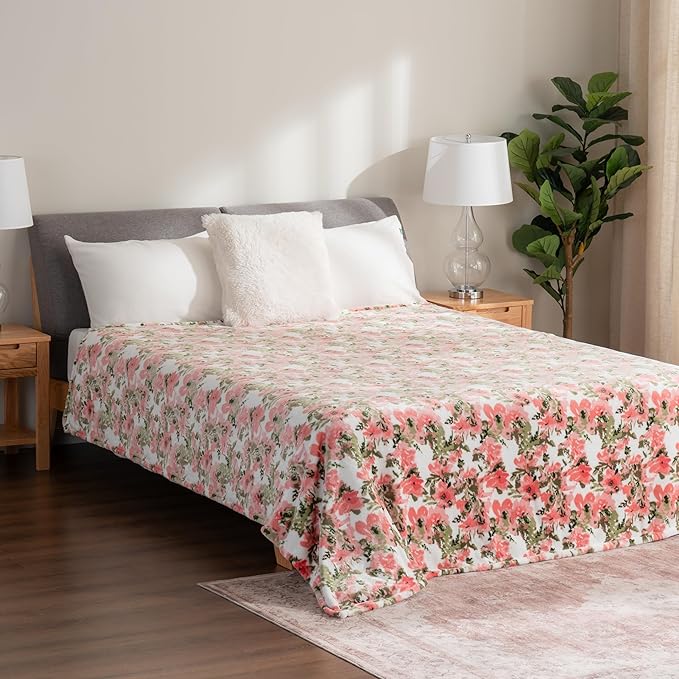 Berkshire Blanket-Classic Heavyweight Soft Printed VelvetLoft® Plush Blanket, Full/Queen Size Soft Fuzzy Warm Blanket for Couch Sofa Bed, Abstraction Pink Green, 90in x 90in