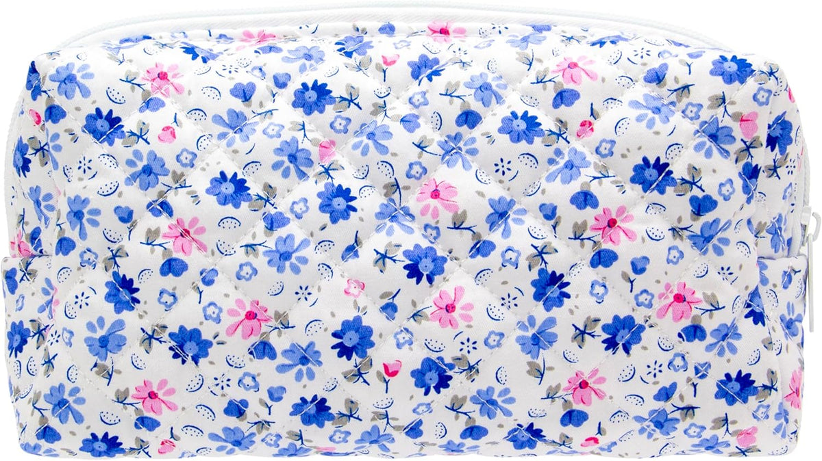PAZIMIIK Vintage Quilted Makeup Bag Cosmetic Pouch for Brushes Pencils and Travel Make Up Accessories for Women and Girls Flower Blue