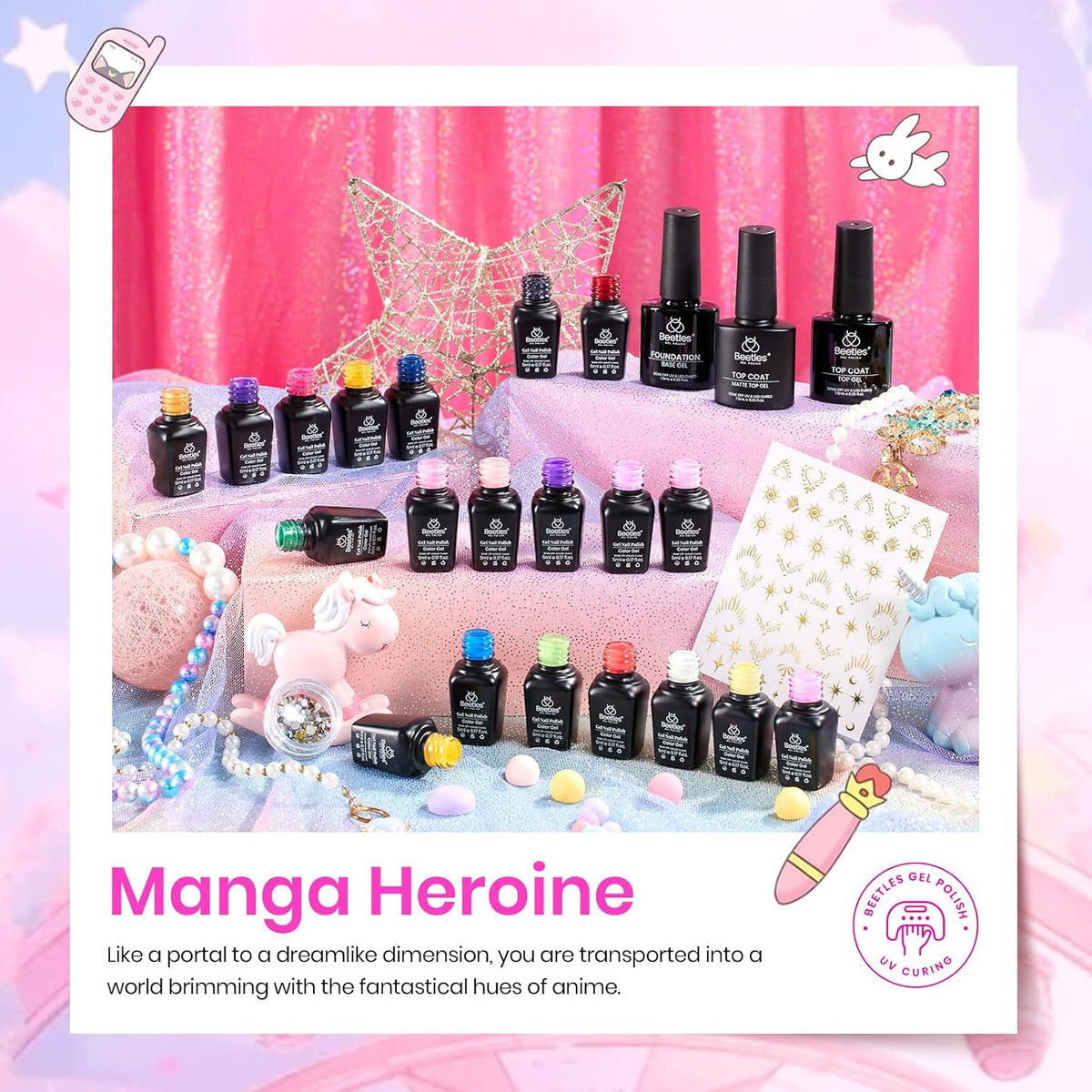 Beetles Gel Nail Polish Set - 20 Colors Pink White Black Yellow Red Glitter Gel Polish Kit with Nail Stickers Nail Rhinestones 3Pcs Base Top Coat Gift for Women Girls