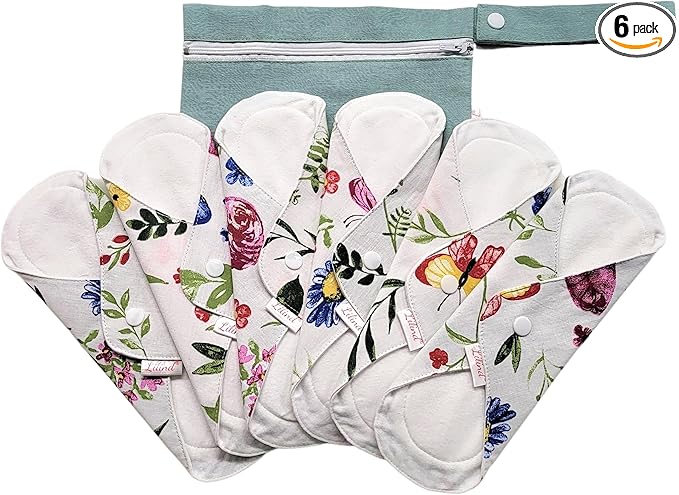 Lilind® 6 Pack Organic Cloth Pads, Regular 9 inch 100% Cotton Reusable Menstrual Sanitary Napkins, Free Wet Bag, Complete Set, Zero Waste