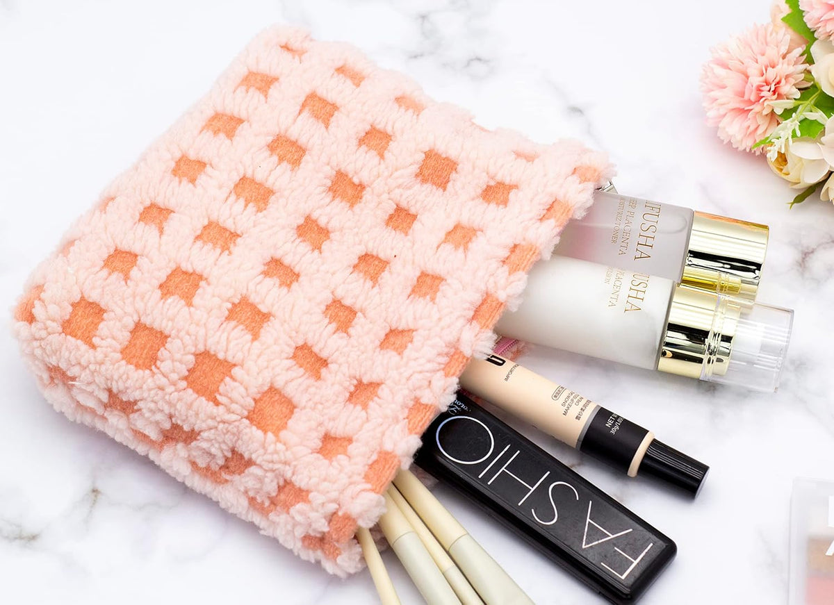 Makeup Bags for Purse Zipper Cosmetic Pouch Large Travel Make Up Organizer Tool Pouch for Women and Girls,Fleece Pink