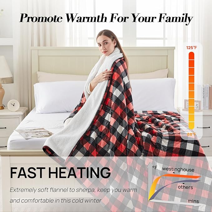Westinghouse Electric Blanket Queen Size, Soft Flannel to Sherpa Heated Blanket with Dual Control 10 Heating Levels & 1 to 12 Hours Auto-Off, Machine Washable, Fast Heating, 84 * 90 Inch, Red