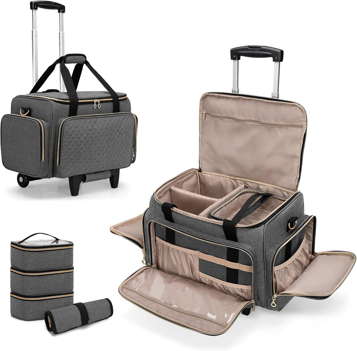 LUXJA Rolling Makeup Case with 3 Removable Pouches and 1 Makeup Brush Bag, Large Makeup Bag Cosmetic Bag with Detachable Dolly (Patented), Gray