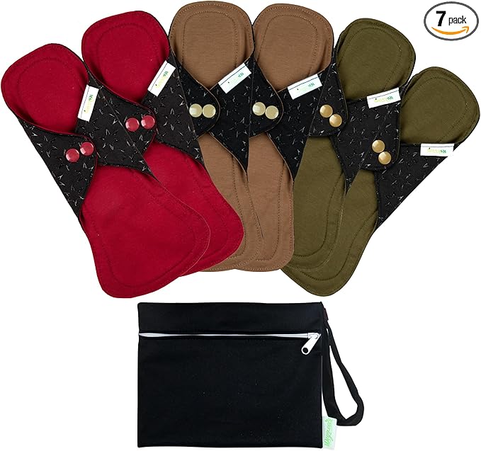 wegreeco 6 Pcs Reusable Menstrual Pads, Ultra Absorbent Cloth Pads for Heavy Flow, Sanitary for Teens, Women, Nonslip Panty Liners + Bag (Aqua, Burgundy, Coffee, S)