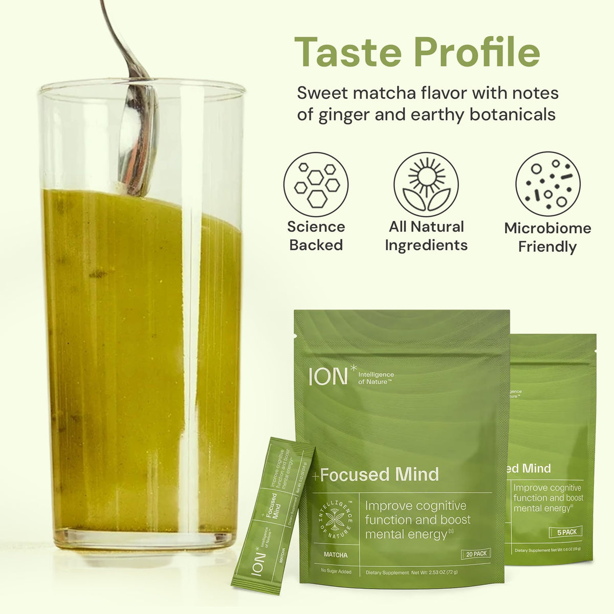 ION* Intelligence of Nature Focused Mind Nootropic Powder Drink Mix - Brain Boost Nootropic Drink with Matcha for Memory, Focus & Relaxation, Brain Supplement for Men & Women, Adults - 5 Packets