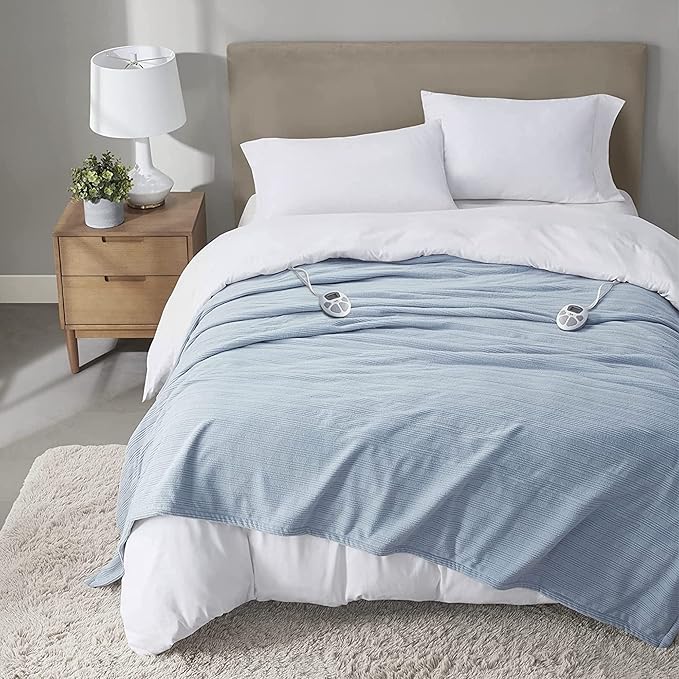 Serta Travis Fleece Ultra Soft Tri-Rib Textured Electric Blanket, Cozy and Snuggly Cover Fast Heating for Cold Weather, Auto Shut Off, Multi Heat Setting Controller, Queen, Dusty Blue