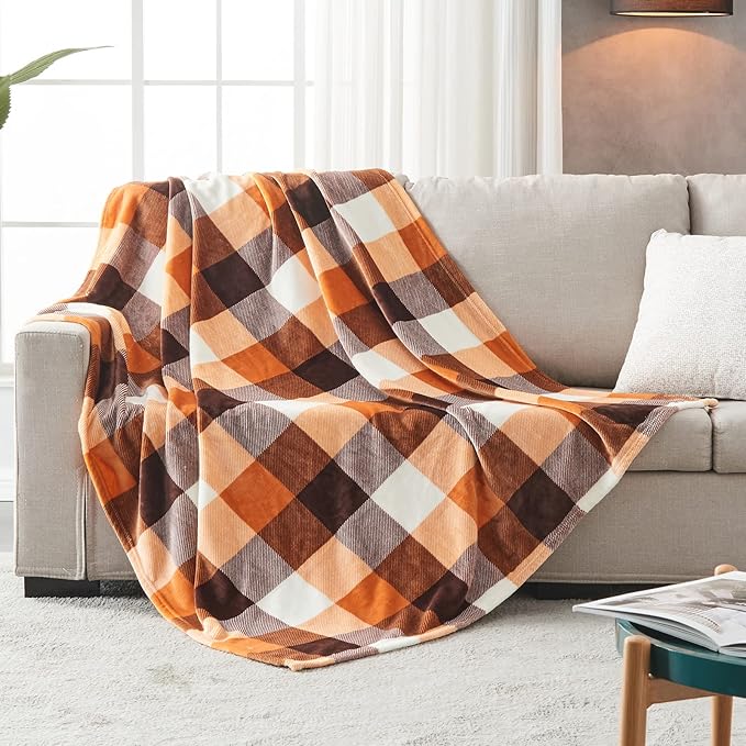 SOCHOW Buffalo Plaid Flannel Fleece Throw Blanket 90 x 90 Inches, Soft Lightweight Cozy All Season Orange Checkered Blanket for Bed, Couch, Car