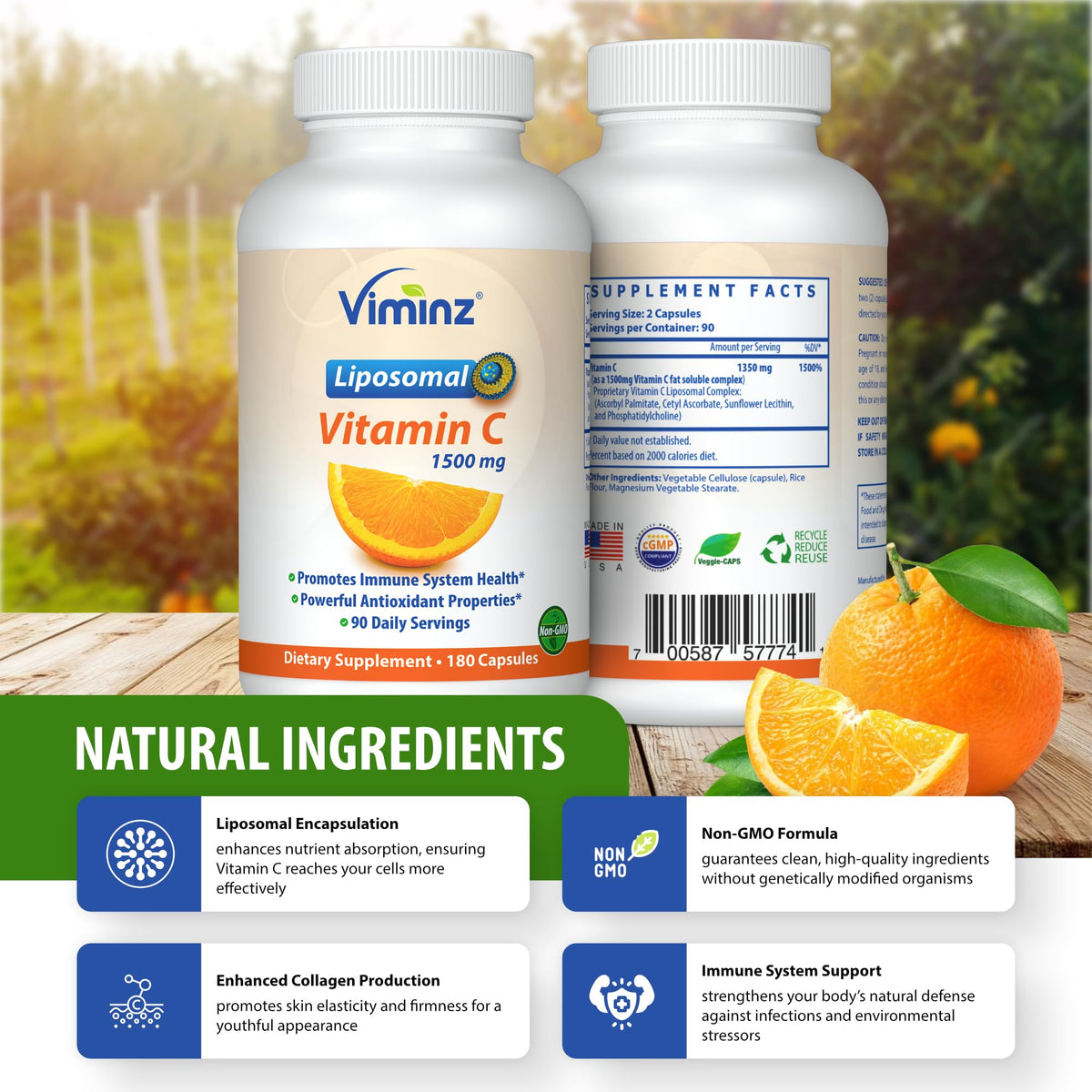 Viminz Liposomal Vitamin C 1500mg – 180 Capsules – Made in USA – High Absorption Immune & Collagen Support – Bioavailable Antioxidant Formula – Non-GMO, Gluten Free & Soy Free