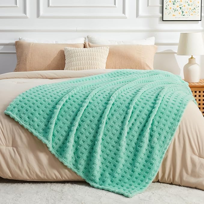 NEWCOSPLAY Super Soft Twin Blanket Aqua Premium Silky Flannel Fleece 3D Waffle Checkered Lightweight Bed Blanket All Season Use (Aqua, Twin(60"x80"))