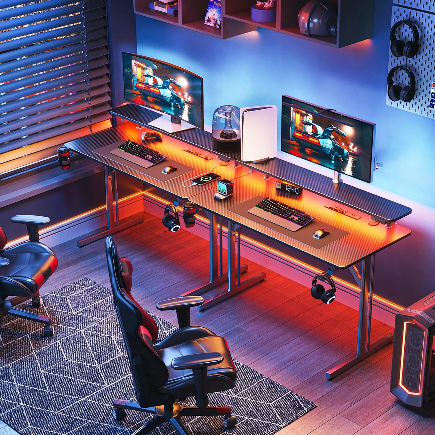 MOTPK 32 Inch Small Gaming Desk with LED Lights & Power Outlets, Computer Desk Gaming Table with Monitor Shelf, Gamer Desk with Carbon Fiber Texture, Kids Boys Desk Gift for Men