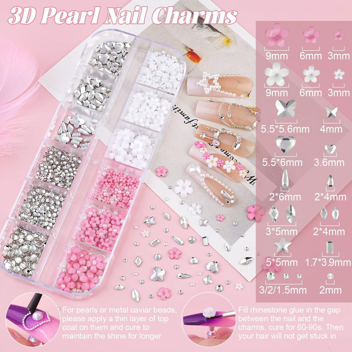 Metal 3D Flowers, Glass Rhinestones, Flatback Pearls, Caviar Beads for Nail Art - Multi Shapes Gems, Blossom Pearl Charms, Glue Gel for Manicure Decor