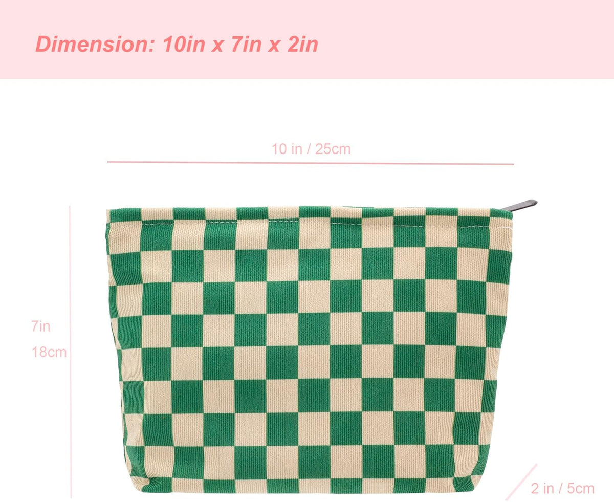 PAZIMIIK Makeup Bag Large Zipper Corduroy Make Up Pouch for Purse Travel Canvas Cosmetic Organizer for Women Brush Storage,Checkered Green