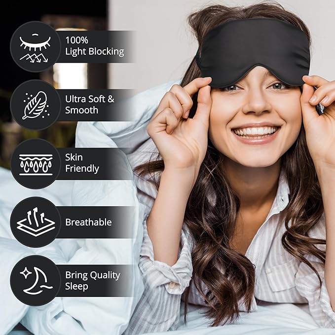 BOKOR Adjustable Silk Sleep Mask - FSA/HSA Eligible Eye Mask for Sleep, Mulberry Silk Luxury Eye Cover, 100% Light-Blocking, Improve Sleep, with Travel Bag & Gift Package, Ideal Birthday Gift - Black