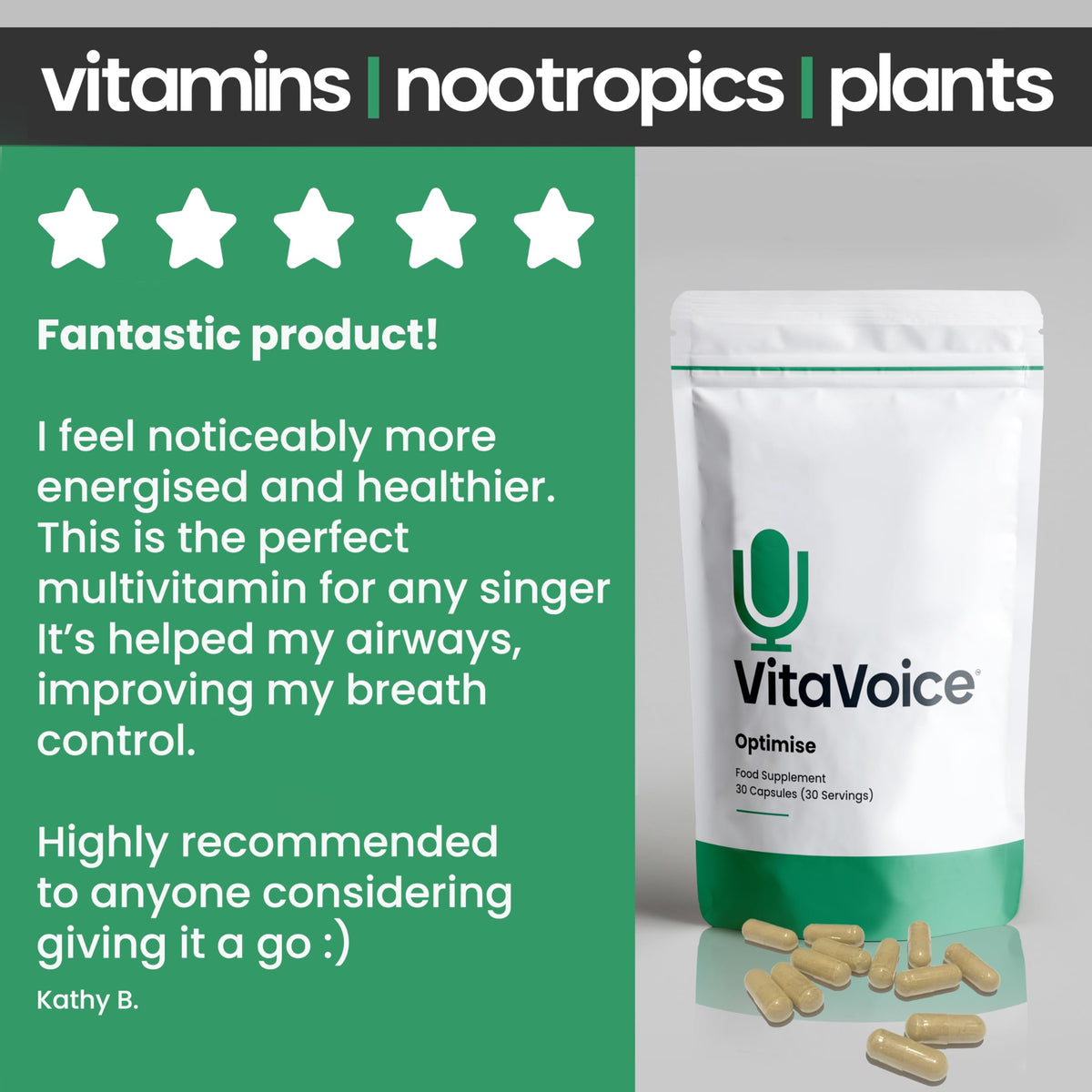 VitaVoice Nootropics & Vitamins | Formulated for Vocal Health, Wellbeing & Mindset | 30 Capsules