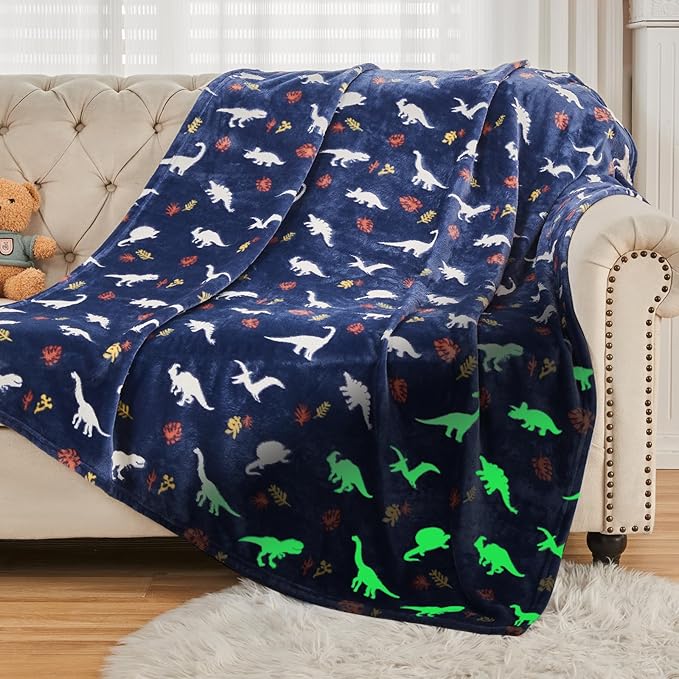 SOCHOW Glow in The Dark Throw Blanket 50 x 60 Inches, Jurassic Dinosaur Pattern Soft Cozy Flannel Fleece Blanket for Sons Daughters, All Seasons Navy Blue Presents Blanket for Preteens Teens