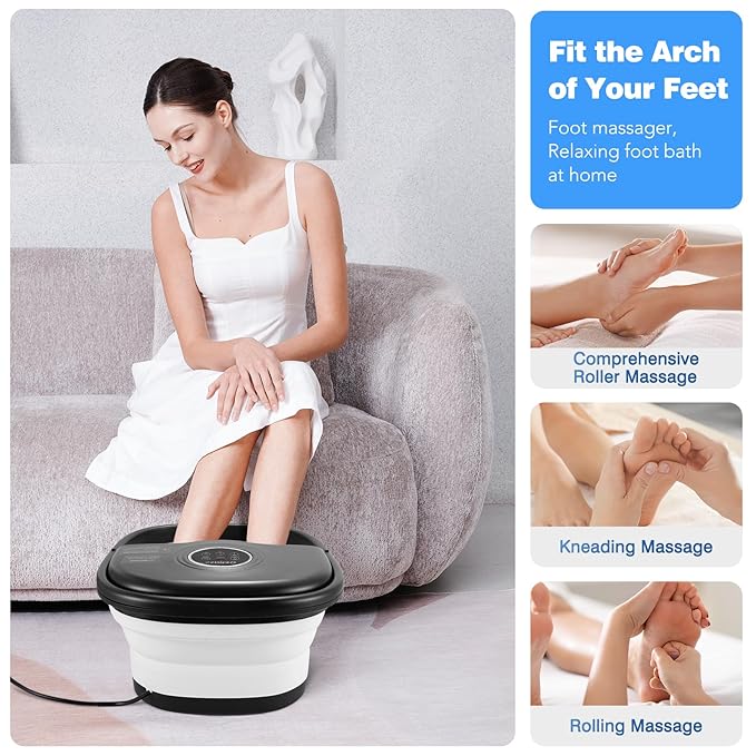 Collapsible Foot Spa Bath with Heat, Remote Control, Temperature Control, Bubbles, Pumice Stone, Red Light, Timer, 16 Massage Roller Pedicure Foot Spa Tub Foot Soaker for Soothe & Relax Tired Feet