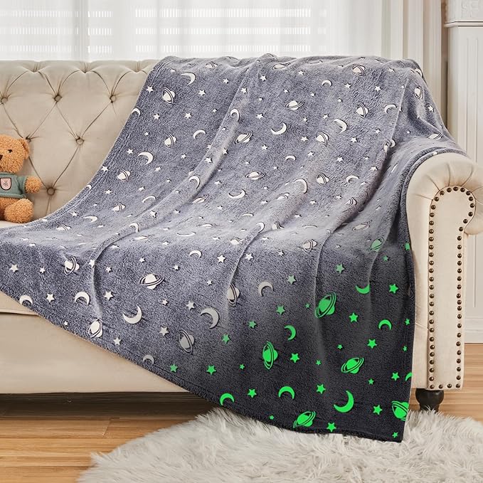 SOCHOW Glow in The Dark Throw Blanket 60 x 80 Inches, Galaxy Stars Pattern Soft Cozy Flannel Fleece Blanket for Sons Daughters, All Seasons Grey Presents Blanket for Preteens Teens