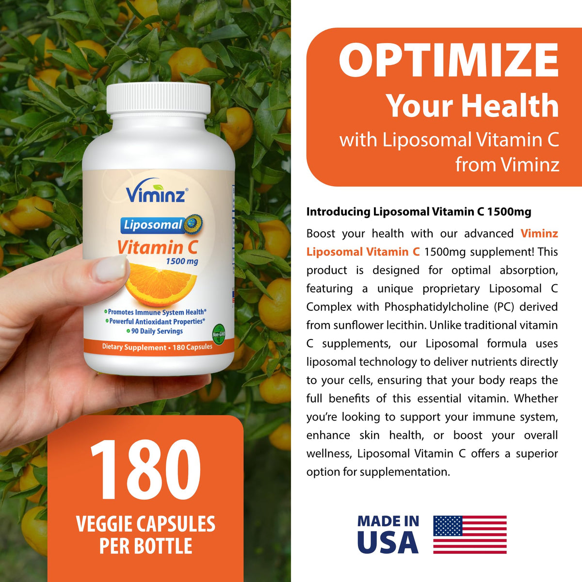 Viminz Liposomal Vitamin C 1500mg – 180 Capsules – Made in USA – High Absorption Immune & Collagen Support – Bioavailable Antioxidant Formula – Non-GMO, Gluten Free & Soy Free