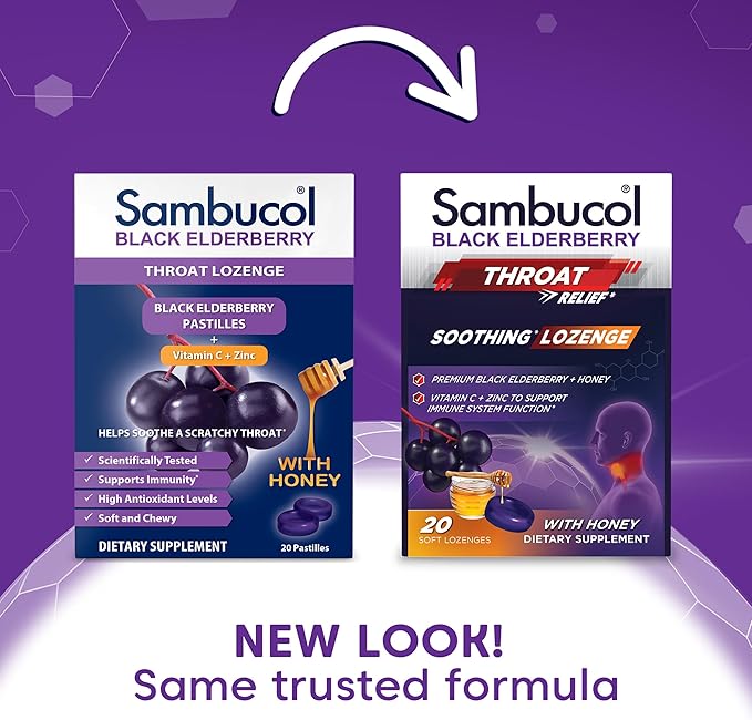 Sambucol Black Elderberry Throat Lozenge - With Honey, Vitamin C & Zinc, Elderberry Lozenges Sore Throat & Cough, Soothes Scratchy Throat, Supports Immunity, Soft & Chewy - 3-Pack (60 Total Pastilles)