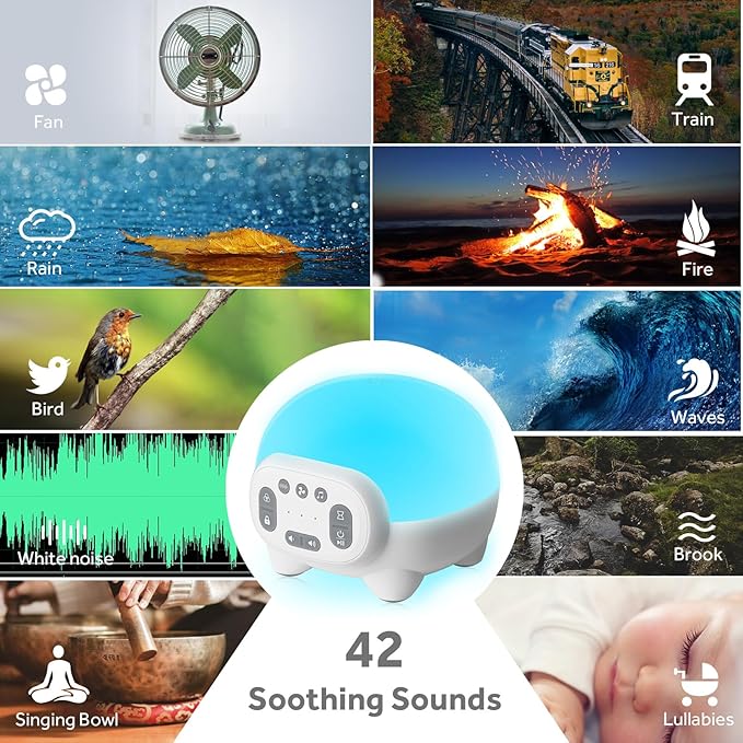 White Noise Sound Machines with 9 Colors Night Light – 42 Soothing Sounds and Sleep White Noise Machine Rechargeable 3 Timers Adjustable Brightness Memory Function for Adults Kids Baby