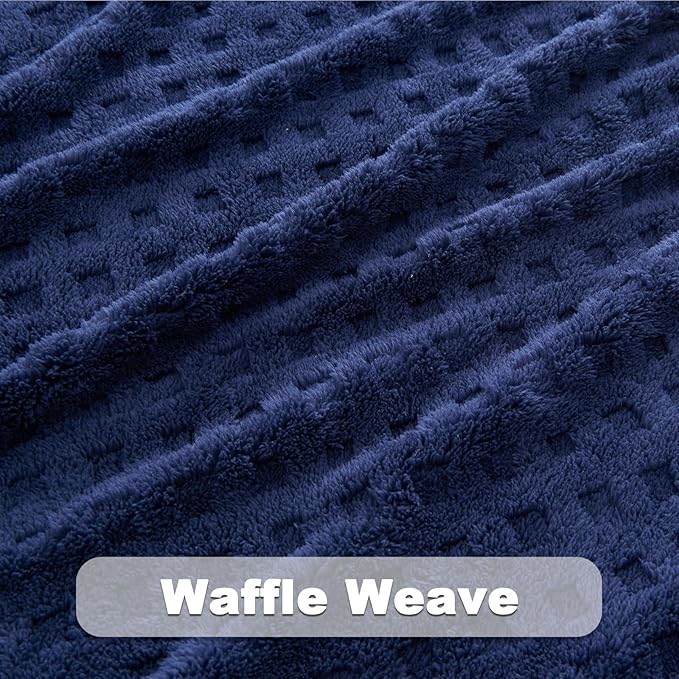 NEWCOSPLAY Super Soft Queen Blanket Navy Premium Silky Flannel Fleece 3D Waffle Checkered Lightweight Bed Blanket All Season Use (Dark Navy, Queen(90"x90"))