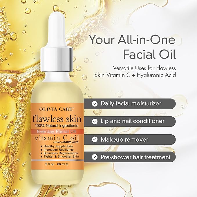 Olivia Care Vitamin C + Hyaluronic Acid Flawless Essential Facial Oil Acid 100% Natural, Reviving, Hydrating, Calming & Soothing. Stabilize & Retain Moisture 2 fl oz (Vitamin C)