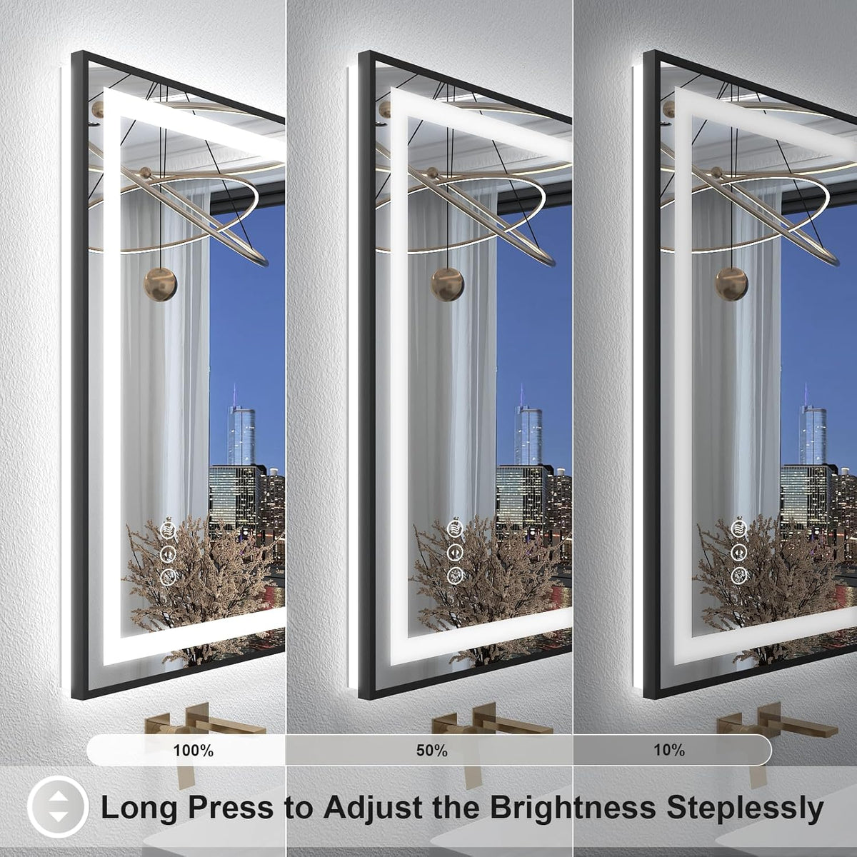 OKPAL 60x36 LED Bathroom Mirror with Lights, Lighted Mirrors for Bathroom Wall, Black Lighted Bathroom Mirror, Dimmable, Anti-Fog, Memory, Shatterproof, ETL Listed (Front Lights and Backlit)