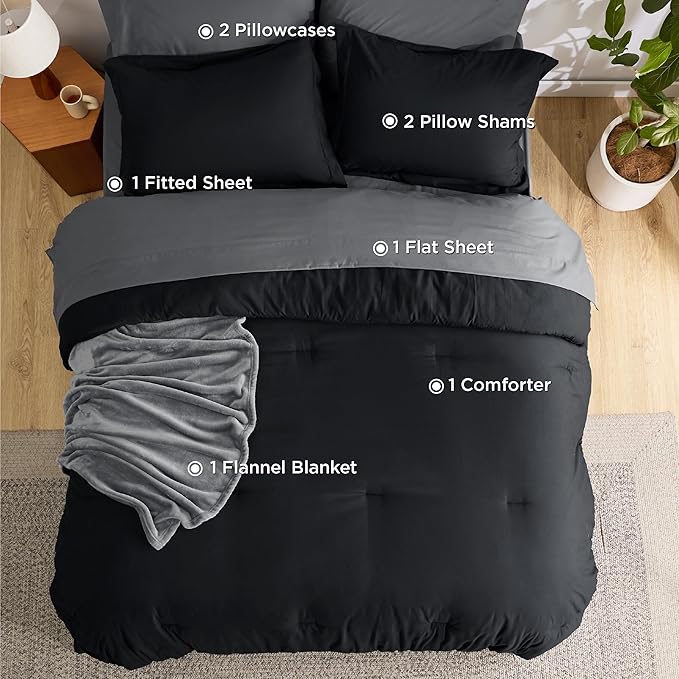 Bedsure Full Comforter Set Black, 8 Pieces Prewashed Full Size Bed in a Bag with Soft Fleece Bed Blanket, Down Alternative Bedding Set for All Seasons, Sheets, Pillowcases & Shams