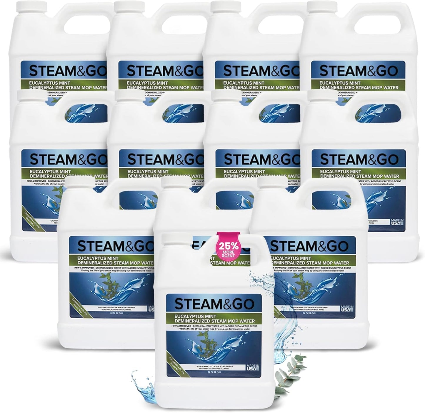 Steam and Go Demineralized Water - Multi-Surface Cleaning Solution for Steam Mop, Ready-to-Use Floor Cleaner, Ideal for Home & Office, Compatible w/Any Steam Mop - Eucalyptus Mint, 32oz, Pack of 12