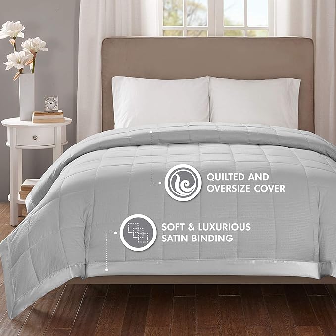 Madison Park Cambria Down Alternative Blanket, Premium 3M Scotchgard Moisture Wicking Treatment, Lightweight and Soft Bed Cover For Summer with Satin Trim, Oversized Full/Queen Gray