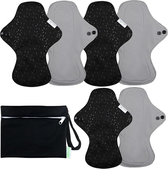 wegreeco 6 Pcs Reusable Menstrual Pads, Ultra Absorbent Cloth Pads for Heavy Flow, Sanitary for Teens, Women, Nonslip, Grey Inner, Black Outer, X-Large