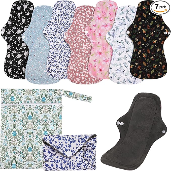 PHOGARY 7 Pack Reusable Menstrual Pads Large Sanitary Pads Set for Heavy Flow with 1 Wet Bag, Washable Overnight Cloth Panty Liners with Wings for Women, 33cm