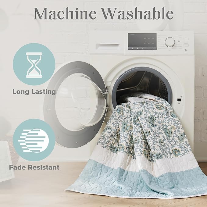 Madison Park 100% Cotton Quilt Set Floral Print, Double Sided Stitching, All Season, Lightweight Coverlet Shabby Chic Bedding Layer, Matching Shams, King/Cal King, Light Teal 6 Piece , Aqua