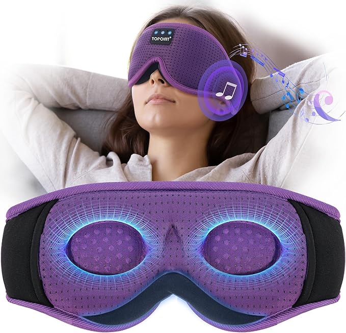 Sleep Mask with Bluetooth Headphones Wireless, TOPOINT 3D Eye Mask for Sleeping Headphones Women Men with Noise Canceling Earbuds, Thin Speaker, Blackout, 15 Hours for Travel, Meditation, CPAP Users