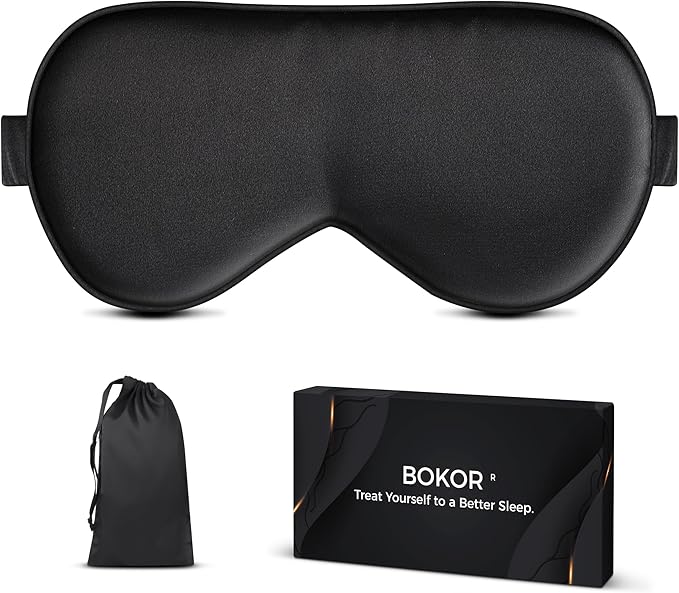 BOKOR Adjustable Silk Sleep Mask - FSA/HSA Eligible Eye Mask for Sleep, Mulberry Silk Luxury Eye Cover, 100% Light-Blocking, Improve Sleep, with Travel Bag & Gift Package, Ideal Birthday Gift - Black