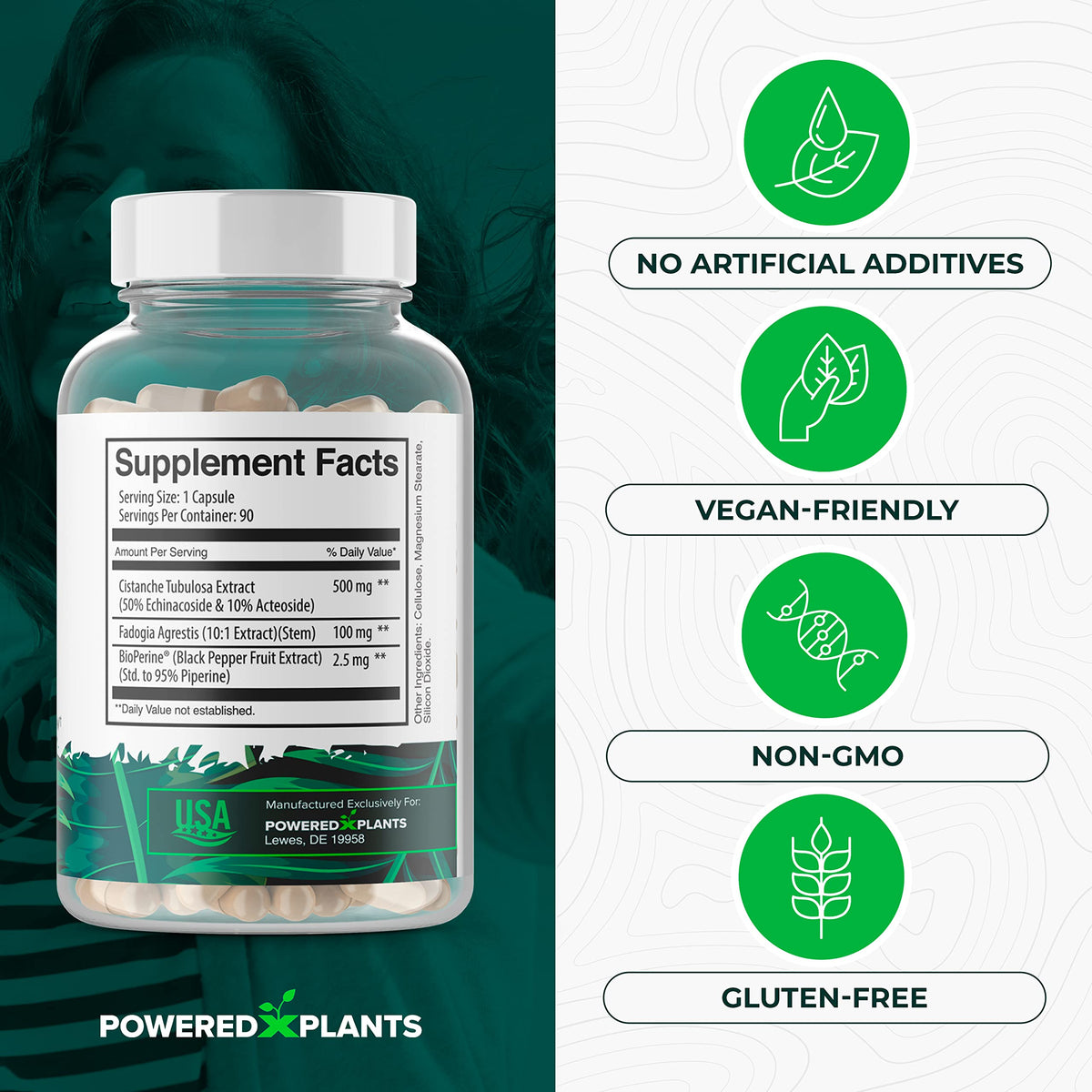 Cistanche Tubulosa with Fadogia Agrestis - Promotes Vitality - Natural Supplements for Men & Women with Bioperine by Powered X Plants, 90 Servings