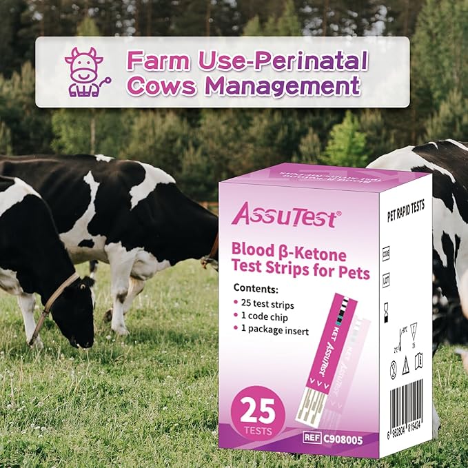 AssuTest® Blood Ketone Test Strips for Pets β-Ketone Farm Testing - Accurate, Easy-to-use Ketosis Detection Tool for Cows Cats and Dogs, Home Veterinary Supplies - 25 Pcs/Box with 25 Lancets
