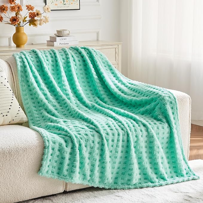 NEWCOSPLAY Super Soft Twin Blanket Aqua Premium Silky Flannel Fleece 3D Waffle Checkered Lightweight Bed Blanket All Season Use (Aqua, Twin(60"x80"))