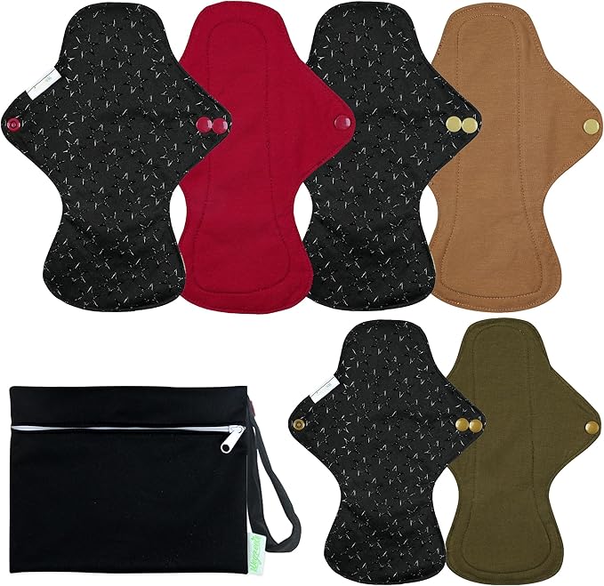 wegreeco 6 Pcs Reusable Menstrual Pads, Ultra Absorbent Cloth Pads for Heavy Flow, Sanitary for Teens, Women, Nonslip Panty Liners + Bag (Aqua, Burgundy, Coffee, S)