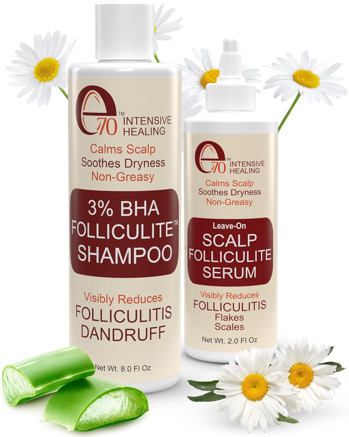 Folliculitis Treatment Shampoo & Serum with 3% BHA, Salicylic Acid, Tea Tree Oil & Chamomile Extracts - Anti Itch Shampoo for women & men with Flaky Scalp Treatment Acne, Made in USA by e70, 8 fl oz