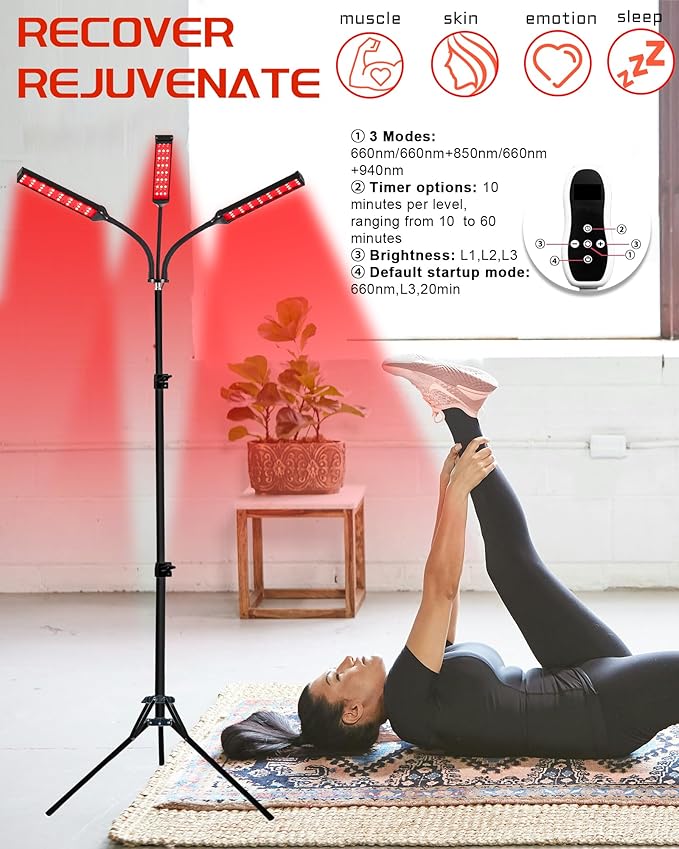Red Light Therapy Lamp for Body Treatment with Adjustable Height Stand, 660nm, 850,940nm - Alleviate Muscle Soreness, 3head B