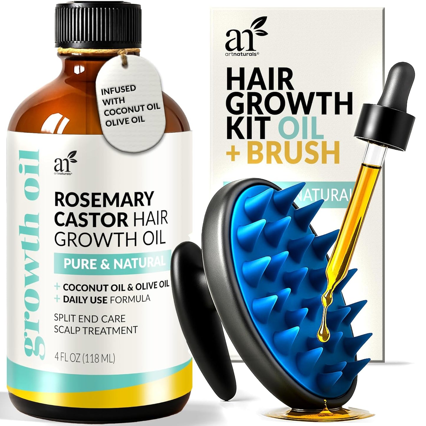 ArtNaturals Organic Rosemary & Castor Hair Growth Oil + Scalp Massager Set – Hair Styling Oils for Dry, Itchy Scalp, Thickening & Hydration - Scalp Oil Products For Damaged Hair & Split Ends – 4.0 oz