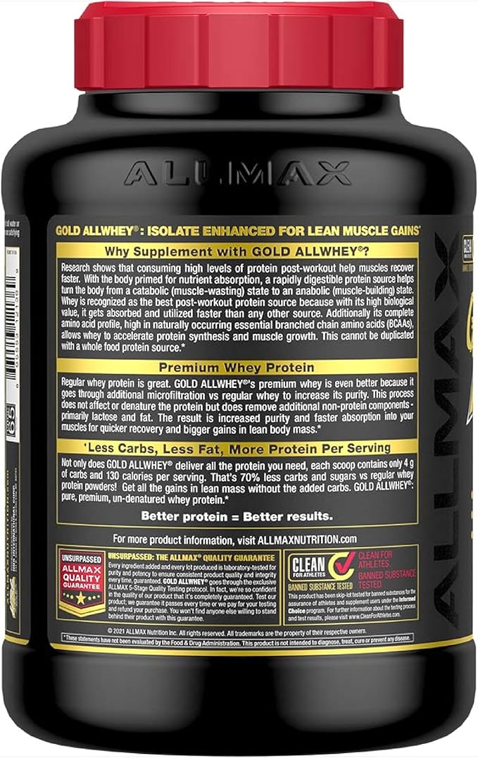 ALLMAX Nutrition - Gold ALLWHEY Protein Powder, Whey Protein Blend for Strength and Muscle Gains, Post Workout Recovery, Gluten Free, 24 Grams of Protein, Strawberry, 5 Pound
