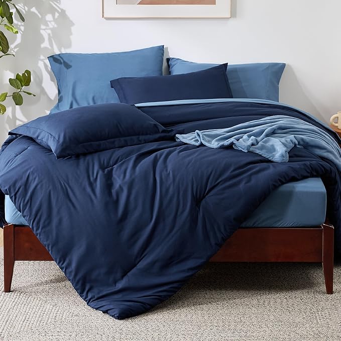 Bedsure Queen Comforter Set Navy Blue, 8 Pieces Prewashed Queen Size Bed in a Bag with Soft Fleece Bed Blanket, Down Alternative Bedding Set for All Seasons, Sheets, Pillowcases & Shams