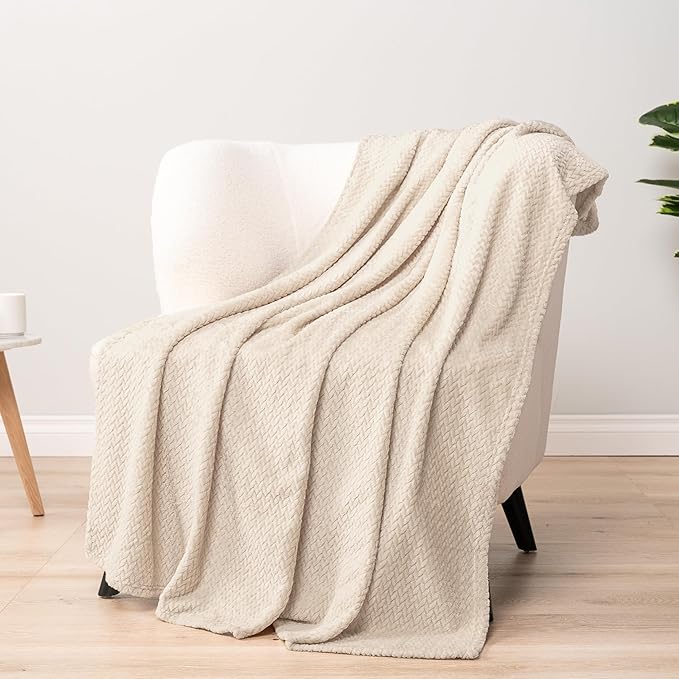 PAVILIA Soft Fleece Ivory Cream Throw Blanket for Couch, Lightweight Plush Warm Blankets for Bed, Fuzzy Cozy Flannel Blanket Throw for Sofa, Travel, Jacquard Pattern, Ivory/Cream, Twin, 60x80 inch