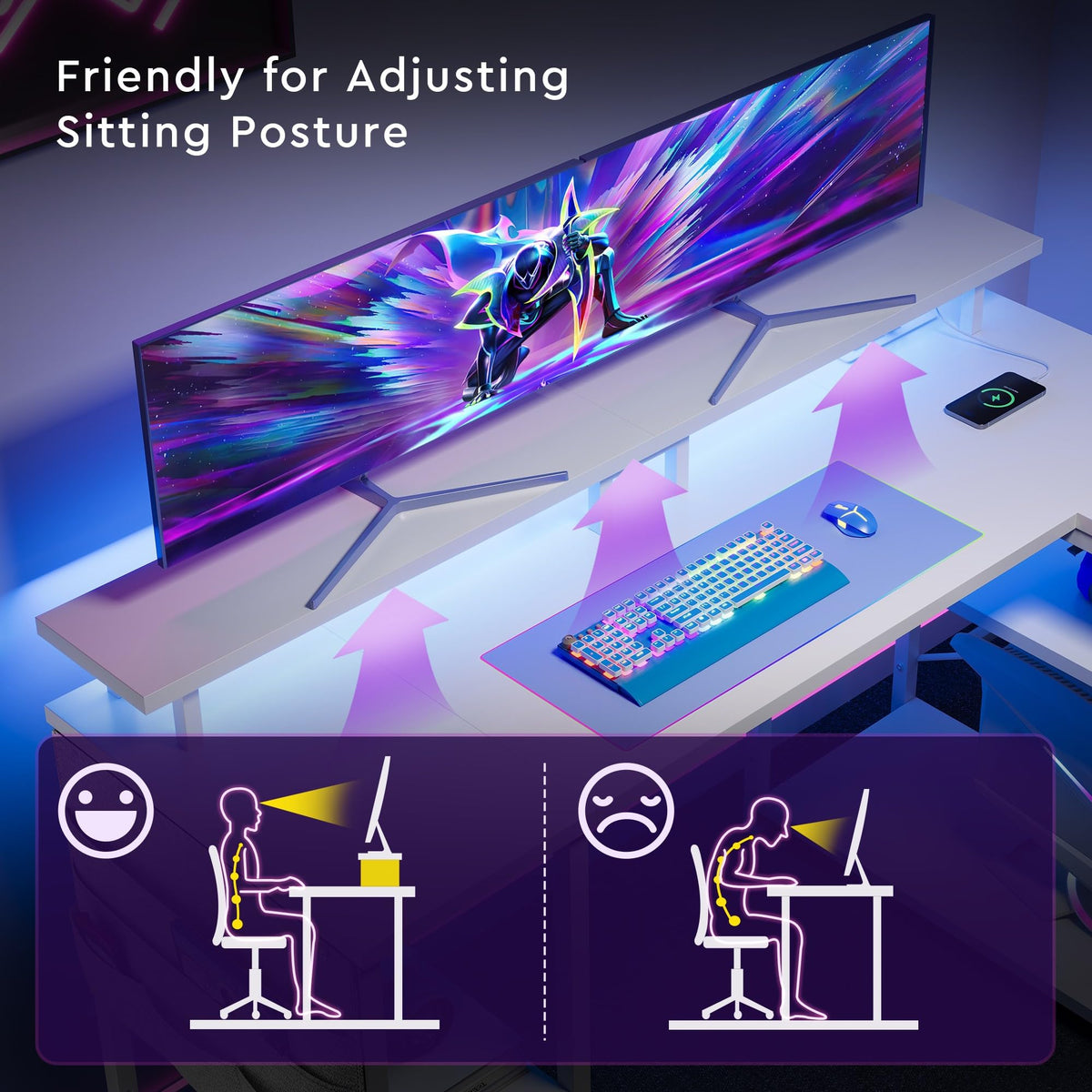 Maihail 51 inch L Shaped Desk with LED Lights & Power Outlets, Reversible Gaming Desk with Shelves & Monitor Stand, Computer Desk with Storage Side Bag，Corner Desk for for Bedroom Gaming Room, White.