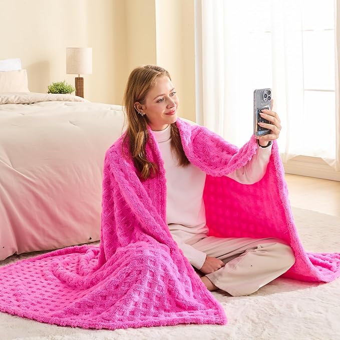 NEWCOSPLAY Super Soft Twin Blanket Pink Premium Silky Flannel Fleece 3D Waffle Checkered Lightweight Bed Blanket All Season Use (Hot Pink, Twin(60"x80"))