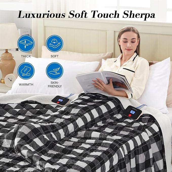 Westinghouse Electric Blanket Queen Size, Soft Flannel to Sherpa Heated Blanket with Dual Control 10 Heating Levels & 1 to 12 Hours Auto-Off, Machine Washable, Fast Heating, 84 * 90 Inch, Black