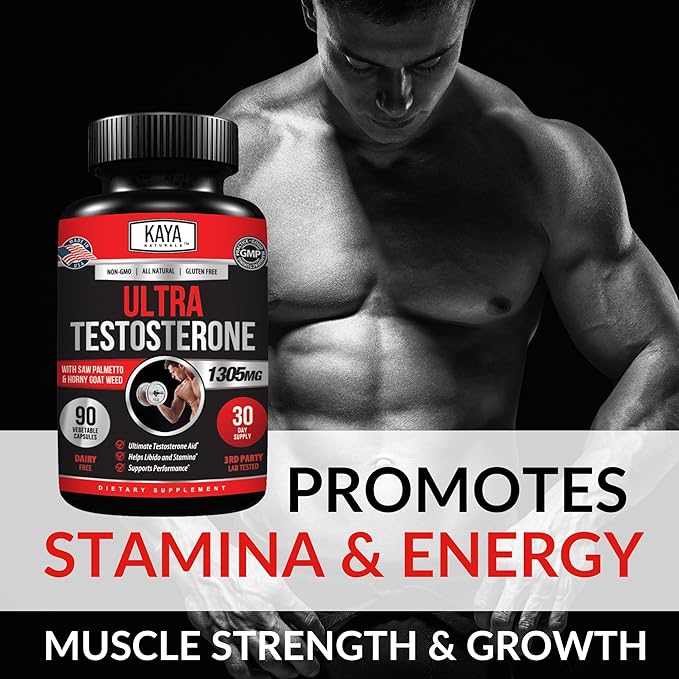 Kaya Naturals Ultra Testosterone - Men's Testosterone Booster with Tongkat Ali, Horny Goat Weed, Tribulus - Natural Workout Supplement for Energy, Stamina, and Strength Booster - 90 Count