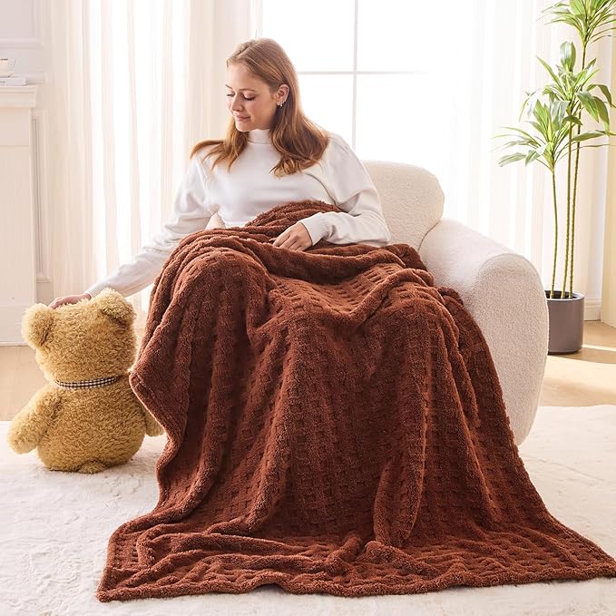 NEWCOSPLAY Super Soft Throw Blanket Coffee Premium Silky Flannel Fleece 3D Waffle Checkered Lightweight Bed Blanket All Season Use (Coffee, Throw(50"x70"))